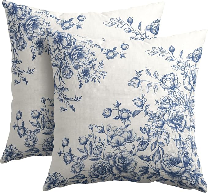 Kawani Blue Chinoiserie Floral Pillow Covers Set of 2, 20x20 Inch Vintage Flower Leaves Cotton Linen Cushion Covers Double Sides Print Square Pillowcases for Sofa Couch Bed Room Decor
