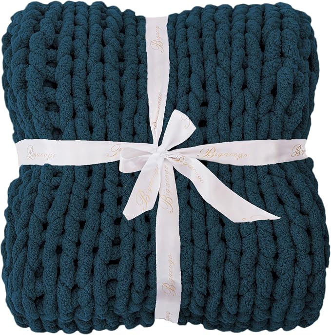 Bigacogo Chunky Knit Throw Blanket for Couch, 40x60 inches, Deep Sea Blue | Hand Knit with Jumbo Chenille, Soft Breathable Cable Knit for Sofa Bed Living Room, Machine Washable, Gift for Mom Friend