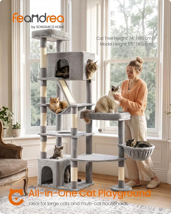 Feandrea 74.1-Inch Cat Tree Tower for Indoor Extra Large Cats, with Scratching Posts, Scratching Board, Multi-Level Design, Dove Gray UPCT016G101S