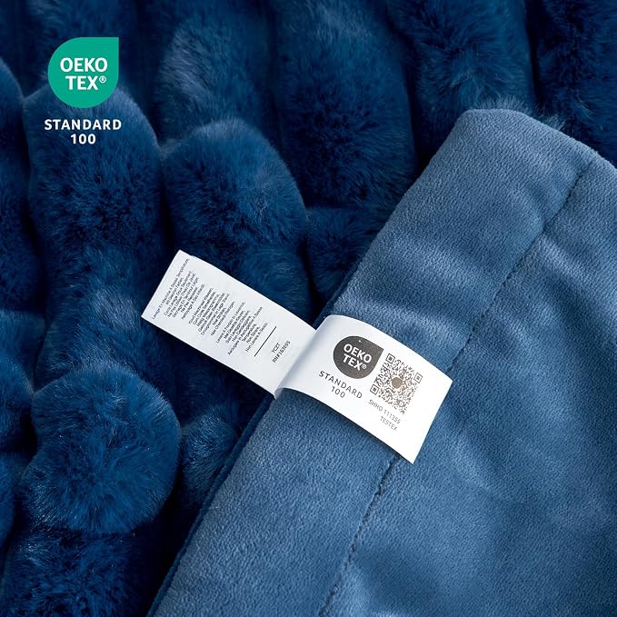 Cozy Bliss Faux Fur Throw Blanket for Couch, Cozy Warm Plush Striped Blanket for Sofa Bedroom Living Room, 50 * 60 Inches Navy Blue