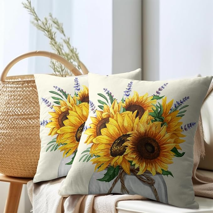 Kawani Sunflowers Throw Pillow Covers 16x16 Inch Set of 2 Summer Bright Yellow Purple Floral Mason Jar Pillowcase Cotton Linen Square Cushion Case Decoration for Couch Sofa Bed Car Home Office