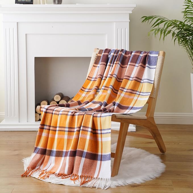 Fall Plaid Throw Blanket for Couch Bed, Mustard Throw Blanket, Fall Decor | 50x60in, Orange Fall Blanket, Woven Throw with Tassels, Buffalo Checkered Plaid Blankets and Throws Farmhouse Style for Home