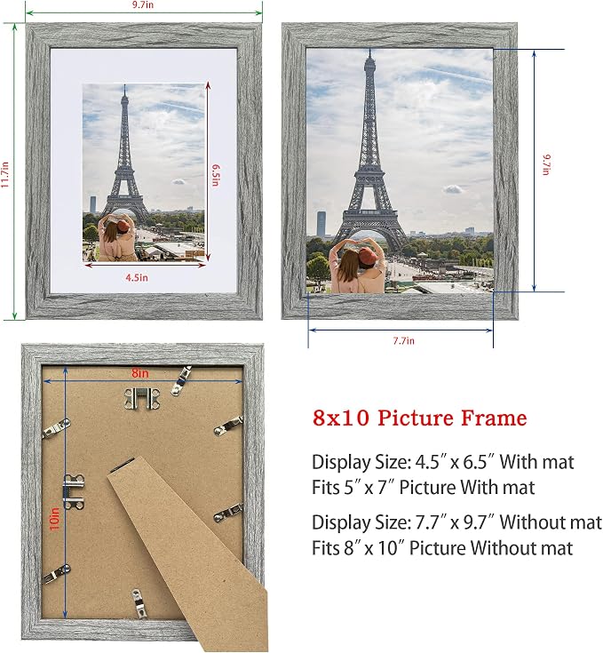 Hongkee 8x10 Picture Frame Set of 4, Made of Real Glass and Grey Wooden Frame, 8 by 10 Photo for Wall or Tabletop - Display Picture 5x7 with Mat or 8x10 Without Mat