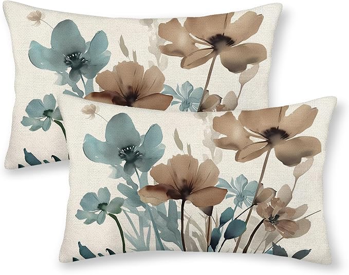 Spring Floral Pillow Covers 12x20 Inches Set of 2 Blue Brown Floral Throw Pillow Covers Outdoor Rustic Summer Flower Decor Pillowcase Farmhouse Decorative Lumbar Cushion Cover for Sofa Couch