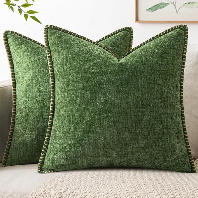 MIULEE Decorative Couch Throw Pillow Covers 16x16 Inch Forest Green 2 Pack | Farmhouse Pillow Covers with Stitched Edge, Soft Chenille Cushion Cases, for Sofa Bed Living Room Home Decor, Moss Green
