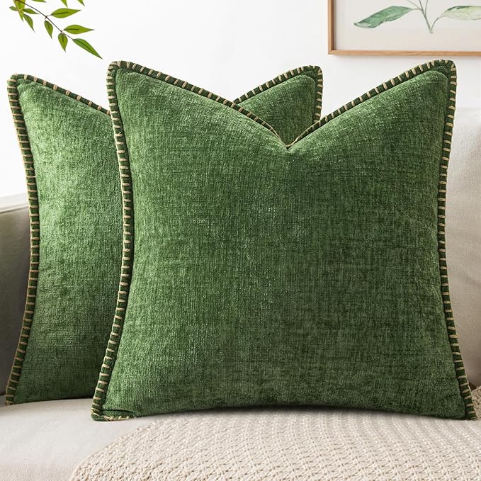 MIULEE Decorative Euro Sham Pillow Covers 24x24 Inch Forest Green 2 Pack | Farmhouse Throw Pillow Covers with Stitched Edge, Soft Chenille Cushion Cases, for Couch Sofa Bed Home Decor, Moss Green