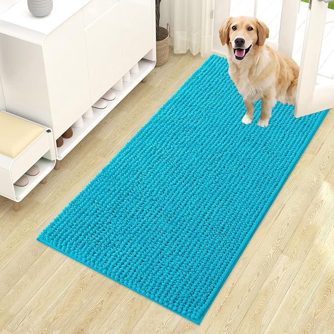 OLANLY Dog Door Mat for Muddy Paws 44x24, Extra Absorbent Chenille Mud Mat | Aqua Blue, Absorbs Moisture and Dirt, Non-Slip Machine Washable Doormat, Quick-Drying Indoor Entryway Floor Mat for Dogs