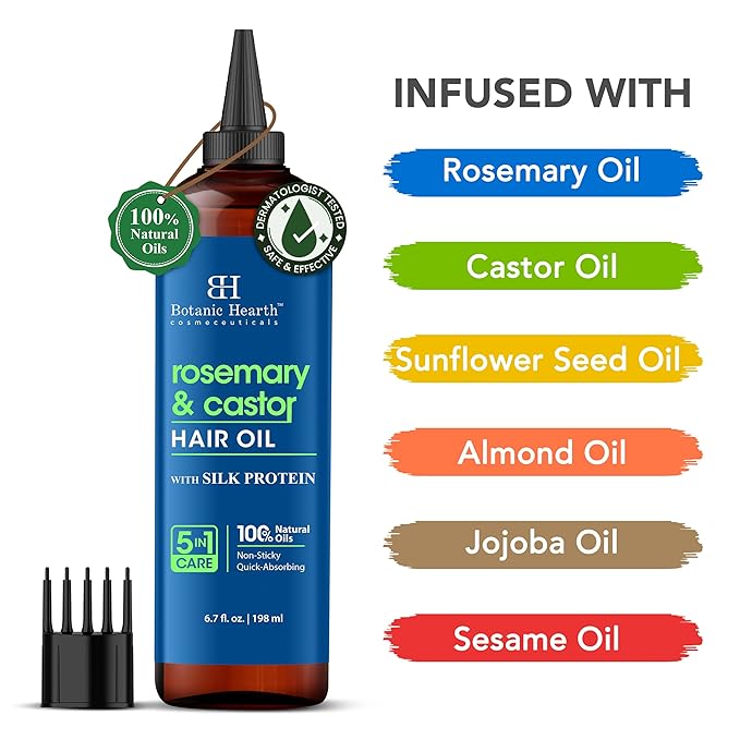 Botanic Hearth Hair Oil for Hair Growth & Hair Treatment Oils | Strengthening Dry, Frizzy, Damaged Hair & Scalp Treatment | Rosemary Castor Hair Oil – 6.7 Fl Oz