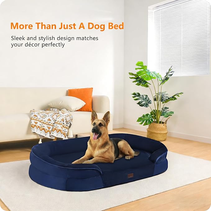 Dwanton Orthopedic Waterproof X-Large Dog Bed Sofa, Gel Memory Foam, 45" | Egg-Crate Foam Dog Sofa, Washable Pet Bed with Four Sided Bolster Cushion, Removable Cover & Non-Slip Bottom, Navy Blue