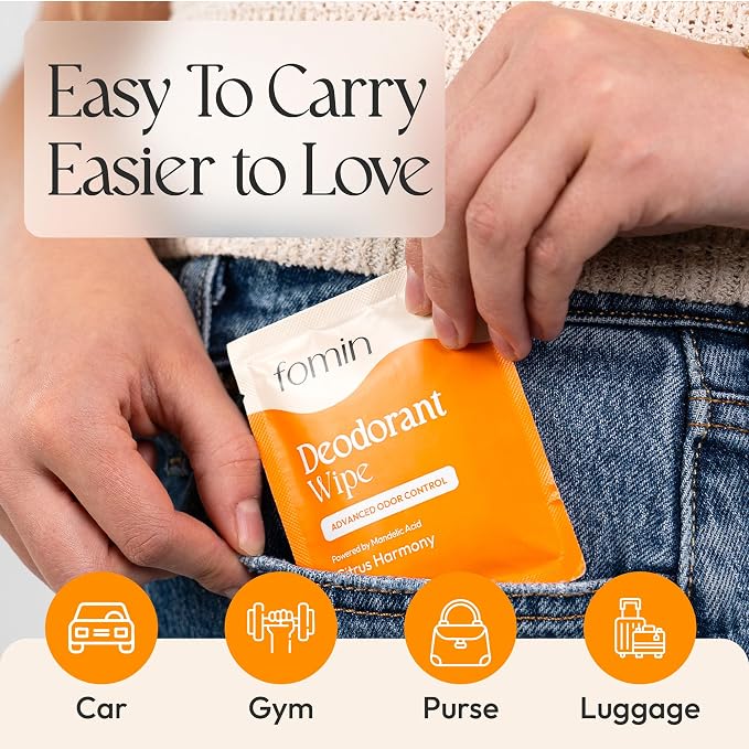 FOMIN Acidified Travel Deodorant Wipes For Women & Men - 50 Count - Citrus Harmony - pH Balanced, Mini Deodorant Travel Size Wipe - Plastic-Free, Individually Wrapped Underarm Body Wipes