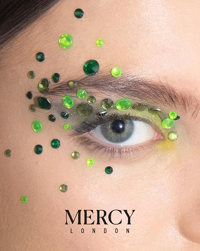 MERCY LONDON Face Gems in Green, 866 Self Adhesive Makeup Face Gem Stickers, 4 Sheets, Poison Ivy Reusable Eye Gems, Wicked DIY Face Gems