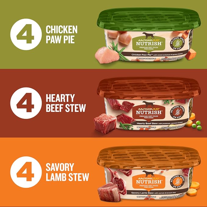 Nutrish Savory Favorites Wet Dog Food Variety Pack, 8 oz Tubs (Rachael Ray) | Pack of 6, Includes 3 Delicious Flavors of Chicken Paw Pie, Hearty Beef Stew & Savory Lamb Stew, No Artificial Flavors