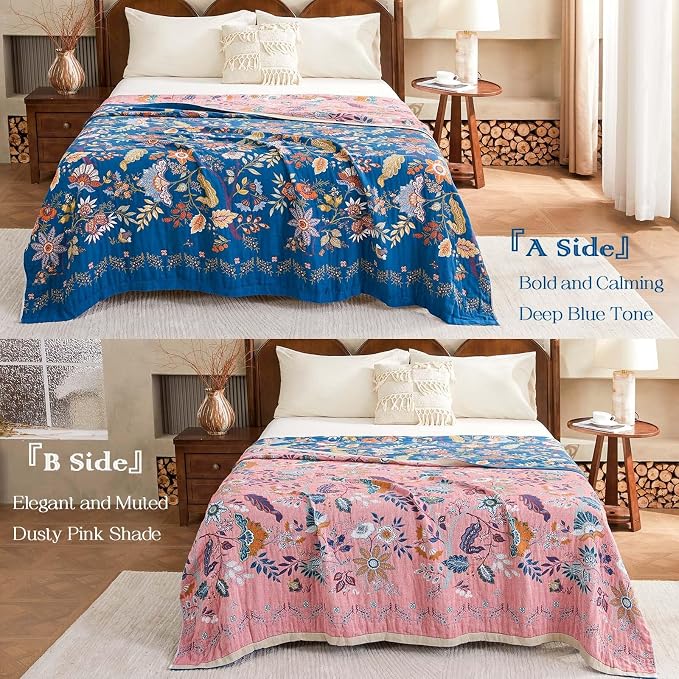 XIBLC Fall Throw Blanket for Couch, Blue Boho Decorative Throw Blanket, 100% Cotton Muslin Breathable Woven Farmhouse Blankets Quilt, 90"x98" Reversible Lightweight Blankets Bohemian Throw Quilt