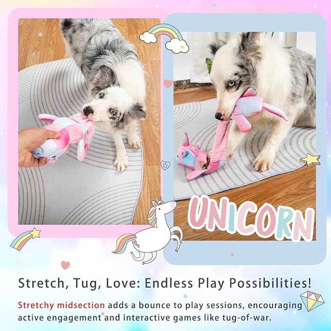 lilfrd Pink Unicorn Squeaky Dog Toy, Crinkle Plush Tug Toy for Dogs