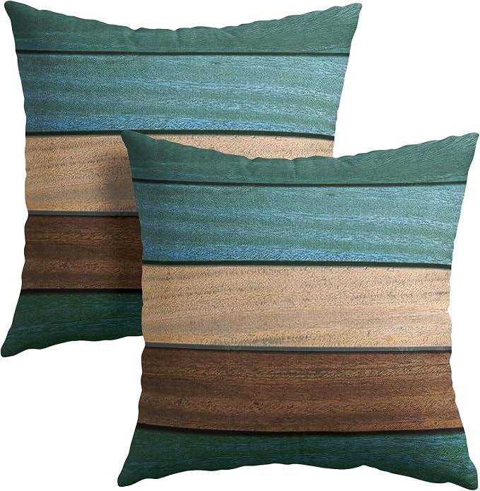 Kawani Wood Board Pillow Covers 18x18 Inches, Set of 2 Blue Green Brown Retro Wooden Decorative Square Pillowcase Cotton Linen Cushion Covers for Living Room Bedroom Sofa Couch