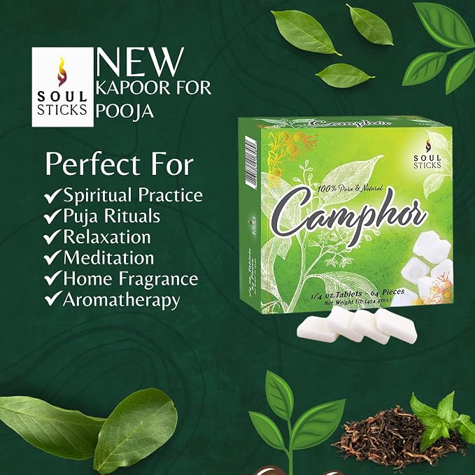 SOUL STICKS Natural Camphor Blocks,Pure Camphor Tablets for Aromatherapy & Puja - Alcanfor en Bloques, Alcanfor en Bolitas, Kapoor for Pooja (450 Grams (64 Tablets))