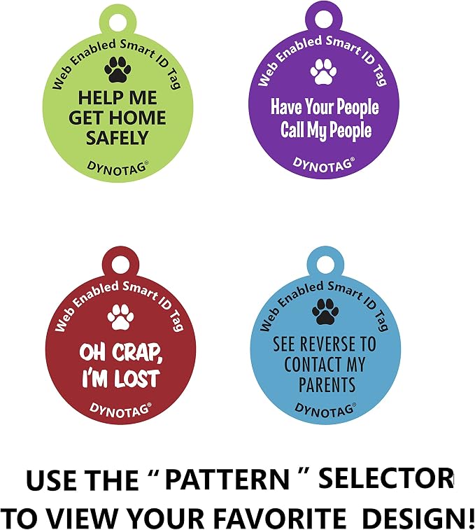 Dynotag® Web Enabled Super Pet ID Smart Tag. Deluxe Coated Steel, with DynoIQ™ & Lifetime Recovery Service. Fun Series (Green: Help Me Get Home Safely)