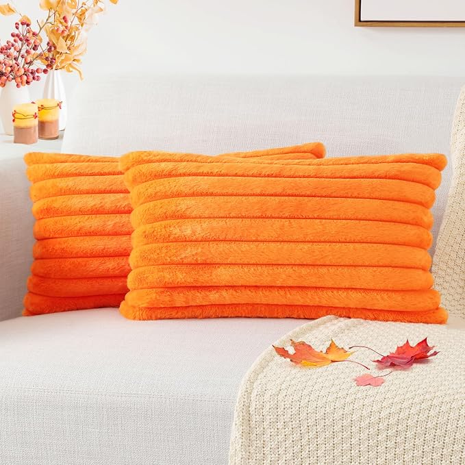 Pallene Faux Fur Fall Throw Pillow Covers 12x20 Set of 2, Burnt Orange | Luxury Plush Texture, Striped Design, Cozy Soft Touch, Modern Home Accent Decor for Couch, Sofa, Bed, Living Room
