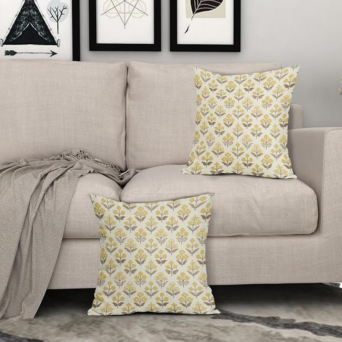 Brown Yellow Floral Block Print Pillow Covers 20x20 Inch Set of 2, Vintage Flower Pattern Decorative Throw Pillowcases Outdoor Farmhouse Cushion Covers Spring Summer Rustic Sofa Couch Bed Decor