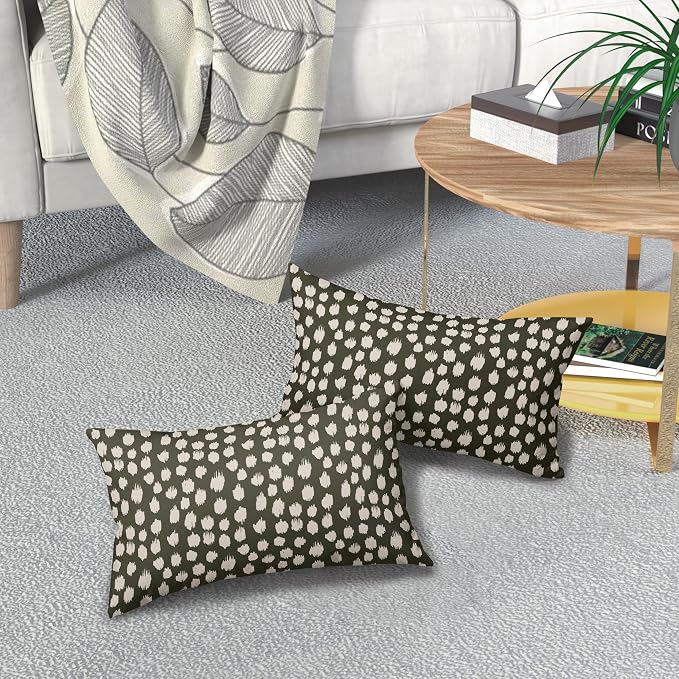 Olive Green Cream Dots Lumbar Pillow Covers 12x20 Set of 2 Boho Design Polka Dot Print Throw Pillows Modern Outdoor Decorative Pillowcase Rectangle Linen Cushion Cases Decor for Sofa Couch Bed