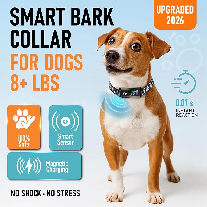 No Shock Bark Collar for Small Dogs 8-40 lbs - Beep & Vibration, Smart Screen, 5 Sensitivity, Anti-False Trigger, Magnetic Rechargeable, IP67 Waterproof, Black/Grey