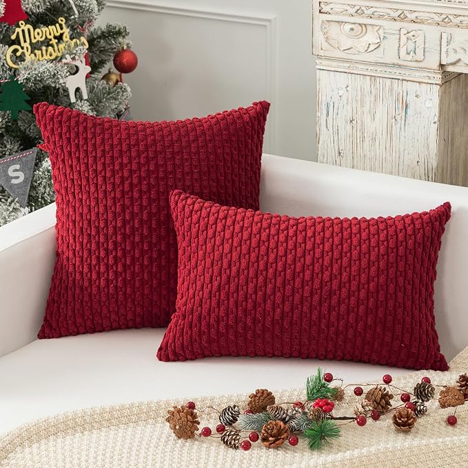 Kevin Textile Soft Corduroy 12"x20" Lumbar Pillow Cover 1 Pack, Burgundy | Boho Stripe Plush Corduroy Decorative Oblong Cushion Cover Modern Farmhouse Home Decor for Sofa Couch Bed Chair