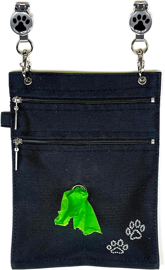 clippable Dog Poop-Bag Dispenser and Treat Pocket, Big Enough for Your Phone and Keys, Perfect Dog Walking Accessory. (Large, with Rhinestone Paw Prints)