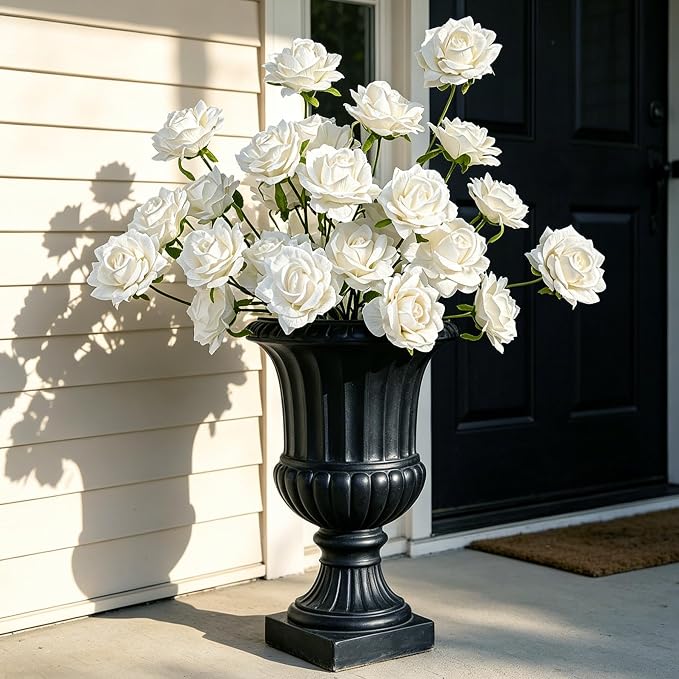 INXUGAO Artificial Flowers Fake Roses, 10 Pcs 28" Long Stem Silk White Roses for Outdoor Indoor, Realistic Faux Flowers for Tall Planter Vase Porch Patio Decor