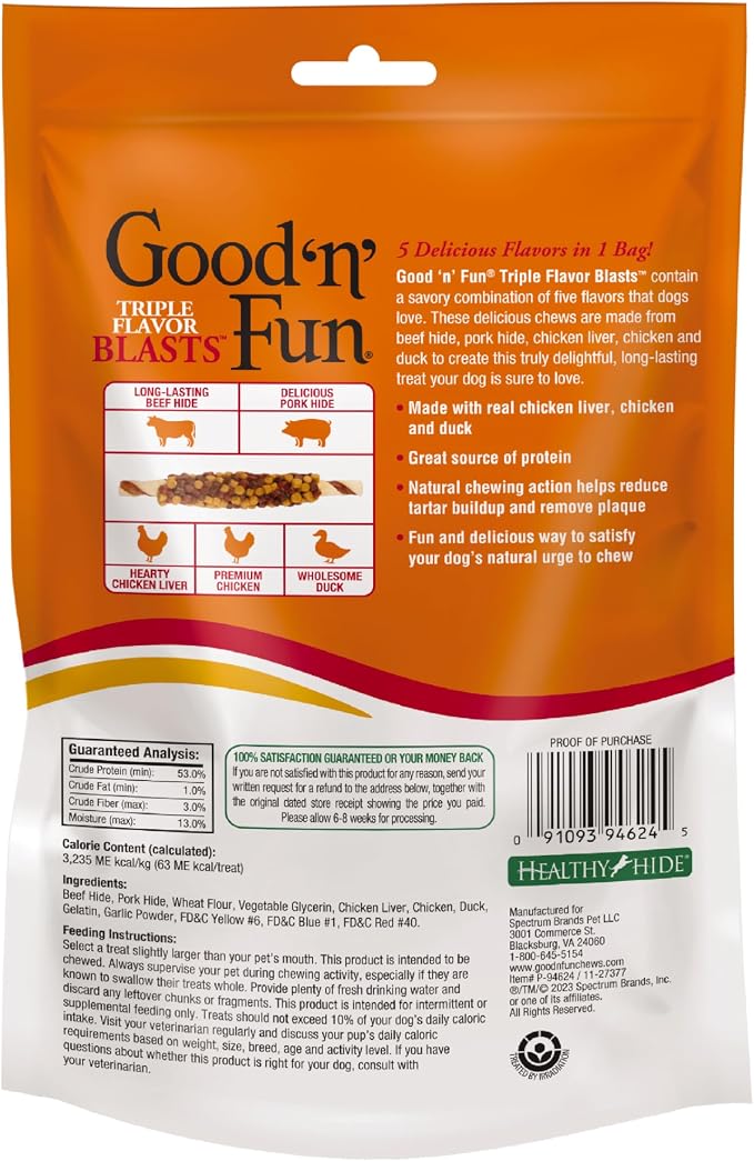 GOOD 'N' FUN Blasts Long-Lasting Dog Treat Made with Real Protein, 4 oz | Premium Chicken, Duck, Pork and Beef Hide Chew, Supports Dental Health and Mental Stimulation, For Adult Dogs