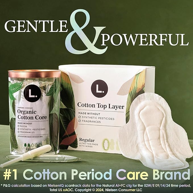 L. Ultra Thin Pads for Women, Organic Cotton Top Layer, Regular + Super Duo Pack Absorbency, Menstrual Pads with Wings, Made Without Synthetic Pesticides and Fragrances, 34 Count