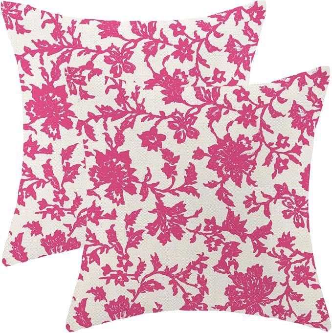 Floral Pillow Covers 18x18 Inch Set of 2 Block Print Hot Pink Flower Throw Pillow Covers Outdoor Decor Boho Vintage Flower Decoration Pillowcase Farmhouse Decorative Cushion Cover For Sofa Couch
