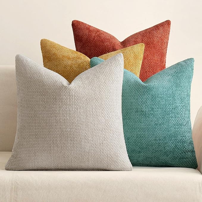 MIULEE Decorative Chenille Fall Pillow Covers Orange Teal 20x20 Pack of 4 | Rustic Home Decor, Retro Vintage Set, Couch Throw Pillows, Farmhouse Boho Cushion Covers for Sofa Bed Living Room