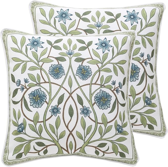 Designer Linen Throw Pillow Cover,Set of 2,18"x18"-Mosella A | Vintage Elegant Square Decor Pillow Cover,Concealed Zipper Design,Floral Pattern,Sofa,Bedroom,Living Room,Lounge Chairs