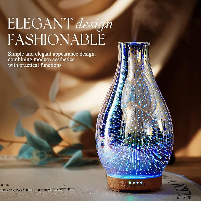 Porseme Essential Oil Diffuser 3D Glass Aromatherapy Ultrasonic Humidifier Cool Mist, Auto Shut-Off, Timer Setting, BPA Free for Home Office Hotel Yoga Gym Leisure SPA Gift 100ml
