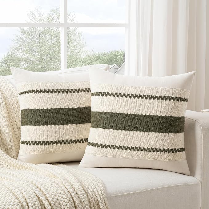 Fancy Homi Set of 2 Boho Olive Green Decorative Throw Pillow Cover 16x16 Inch for Couch Bed Sofa, Aesthetic Modern Organic Farmhouse Home Decor, Soft Cotton Cute Accent Macrame Woven Cushion Case