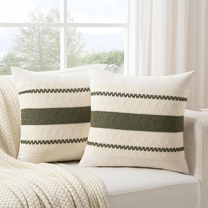 Fancy Homi Set of 2 Boho Olive Green Euro Decorative Throw Pillow Cover 26x26 Inch for Couch Bed Bedroom, Aesthetic Modern Organic Farmhouse Room Decor, Soft Cotton Accent Macrame Woven Cushion Case