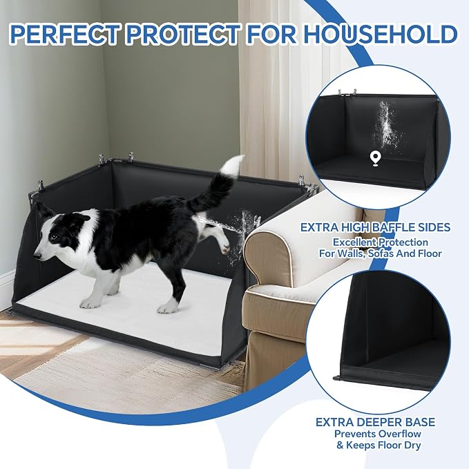 Dog Pee Pad Holder with High Walls, Foldable Dog Litter Box Pee Shields Indoor Dog Potty for Small and Medium Dogs, No Spill Pee Pad Holder Tray for Dogs Work (33.8*28*17.7in). Patent Pending