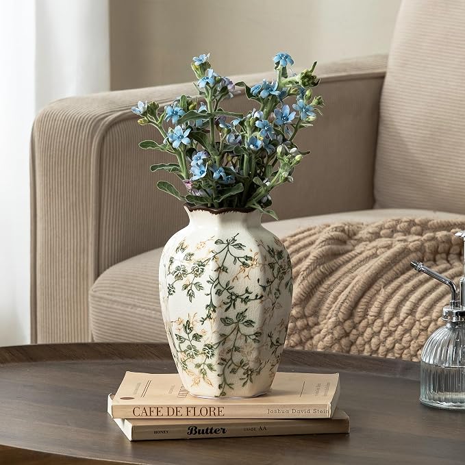Ceramic Flower Vase for Home Decor, Vintage Green Decorative Vase 6.7 Inch | Rustic Farmhouse Floral Vase for Living Room, Kitchen, Coffee Table, Mantel, Bookshelf, Entryway, Wedding Centerpiece