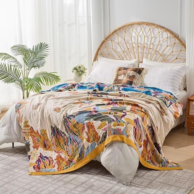 Boho Throw Blanket Farmhouse Decor Throw Blanket Bohemian Blanket for Bed 100% Cotton Muslin Woven Couch Blanket All Seasons Quilt Bedroom (D-Yellow, 60"x80")