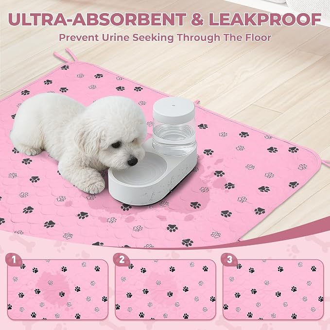 Fostanfly Washable Pee Pads for Dogs, Ultra-Absorbent, 36"x41"-2 Pack, Pink | Leak-Proof, Waterproof, Non-Slip, Large Reusable Pee Pads for Puppy Potty Training, Crate and Playpen with 8 Tie Straps