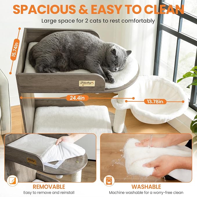 44.8in Modern Wood Cat Tree Tower for Indoor Large Cats with Perch | Multi-level Big Platforms, Sisal Scratching Posts, Cozy Hammock, Washable Pads, Ideal for Windows and Corners, Greige