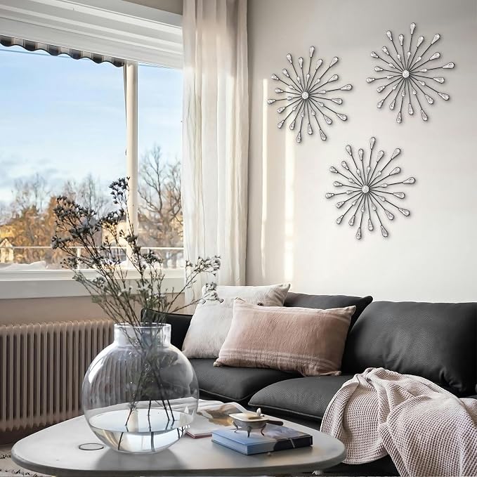 ZEXUIRU 3 Set Black Starburst Wall Art for Home Decor Metal Bling Crystal Rhinestones Sunburst Wall Decor Sparkling Rhinestone Art Accent Black - 18in