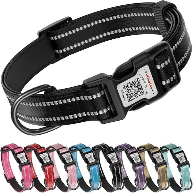 Personalized Dog Collar with QR Code Dog Tag, Black 05 S | Anti-lost, 1000D nylon, reflective, padded, XS-L(8"-24"), QR buckle shares lost pet profile, location alerts when scanned
