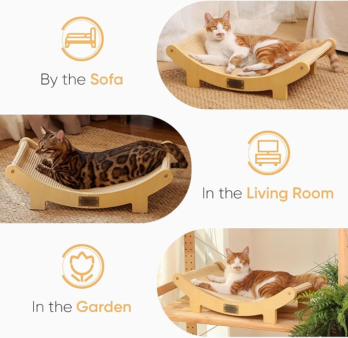 FUKUMARU Sisal Cat Scratcher Bed, Solid Wood Cat Hammock for Indoor Cats | 23.6 Inch Durable Scratching Bed, Large Cat Scratch Pad, Natural Sisal Hammock, Cat Lounger Scratcher for Sleeping (Wood)