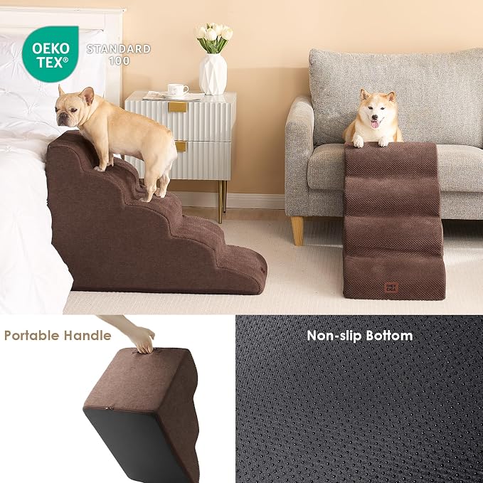 EHEYCIGA Curved Dog Stairs Ramp, 4-Step High Beds, 19.7" H Pet Step | 33D density of pure foam, for Small Dogs and Cats, Pet Stairs for High Bed Climbing, Non-Slip Balanced Indoor, Brown