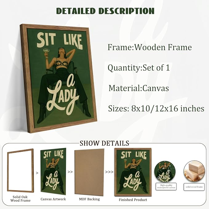 Framed Feminist Wall Art, Vintage Sit Like a Lady Green Wall Decor, Bold Girl Power Feminine Poster Print, Retro Empowering Female Canvas Painting Aesthetic for Bedroom Dorm 8x10 inch