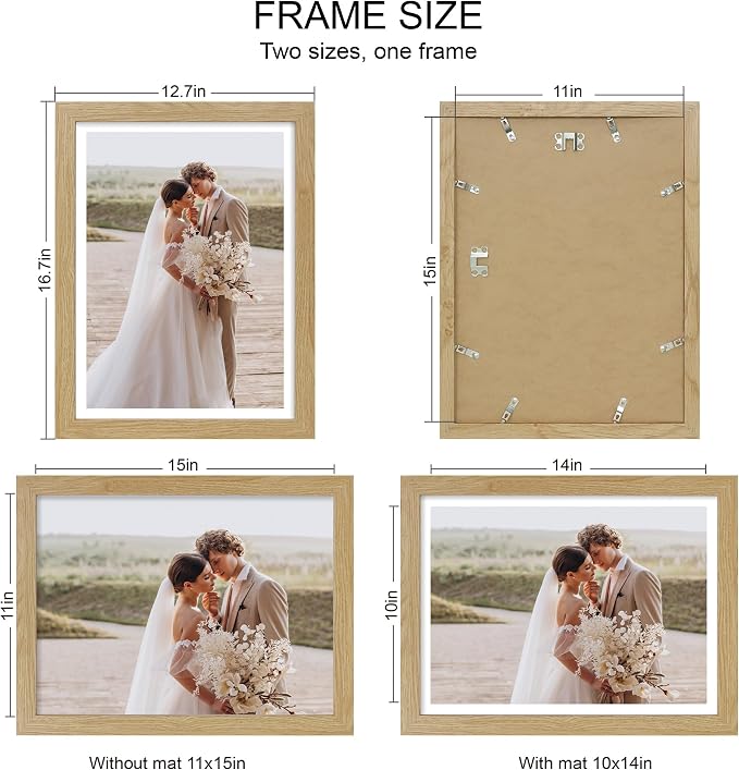 Hongkee 11x15 Picture Frame Set of 4, Made of Real Glass and Natural Oak Frame - Display Picture 10x14 with Mat or 11x15 Without Mat, 11 by 15 Photo for Wall Mounting