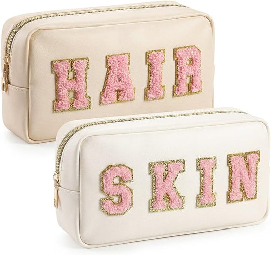 Preppy Makeup Bags Chenille Letter Stuff Bag Nylon Cosmetic Pouch Cases with Zipper for Women Travel Toiletry(Cream Color,Classic,2 Pcs)