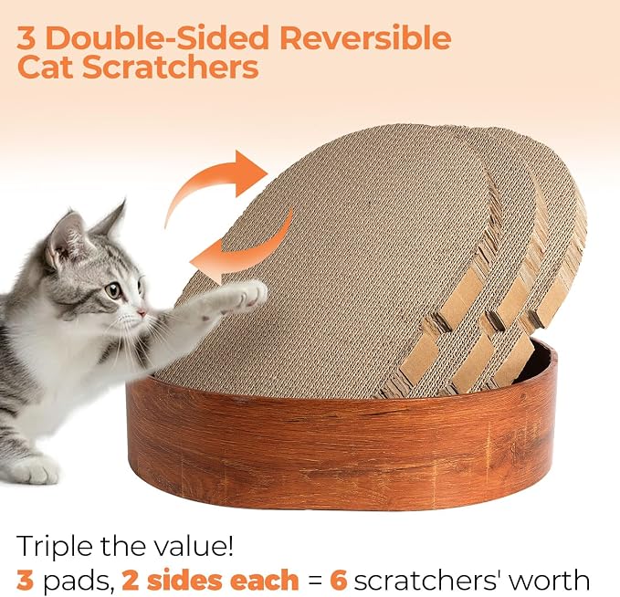 Oval Cat Scratcher Bed 16 in, 3 Reversible Cardboard Scratch Pads for Cats | Cat Scratching Board, Corrugated Cardboard Inserts, Double-Sided Use, Bowl Shape, Furniture Protection, Indoor Floor Use
