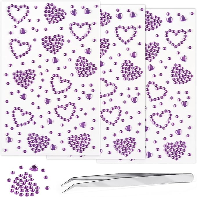 3 Sheers Purple Rhinestone Stickers Self Adhesive Face Gems Stick on Heart Face Jewels Stickers for Valentines Makeup Crystal Pearls for Eye Face Body Nails Crafts Decoration